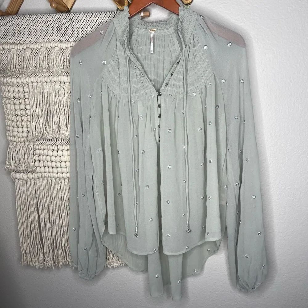 Free People Green Swiss Dot Chiffon Blouse